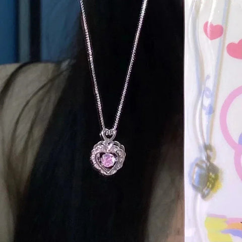 Pink Crystal Pendant Heart Necklace for Women Girls Chain Cute Love Simple Necklaces Fashion Jewelry Gifts Jewelry for Women