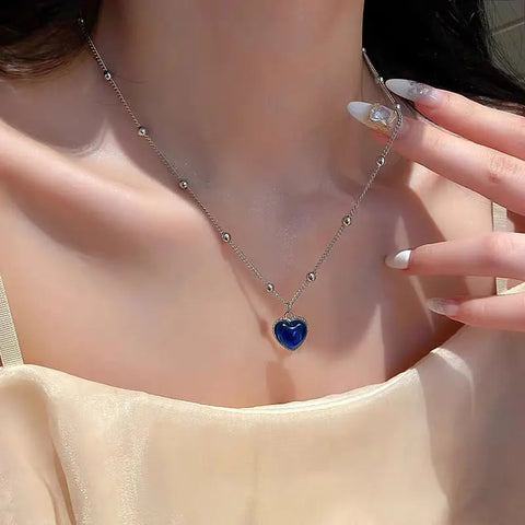 Y2K Pink Crystal Heart Pendant Necklace Women Sweet Cool Girl Punk Clavicle Chain Fashion Aesthetic Necklace Jewelry Gift 2024