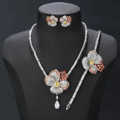 Luxury 3-piece Cubic Zirconia Flower Necklace Earrings Bracelet Set Bridal Wedding Accessories CN11183T