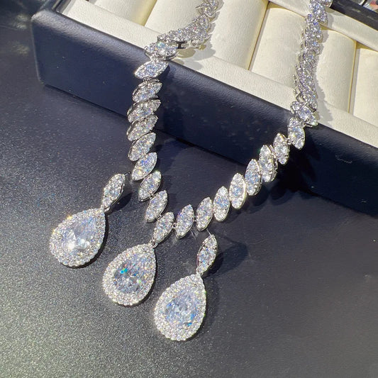 Water Drop Lab Diamond Jewelry set 14K White Gold Engagement Wedding Earrings Necklace For Women Bridal Promise Gift