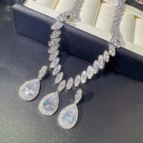 Water Drop Lab Diamond Jewelry set 14K White Gold Engagement Wedding Earrings Necklace For Women Bridal Promise Gift