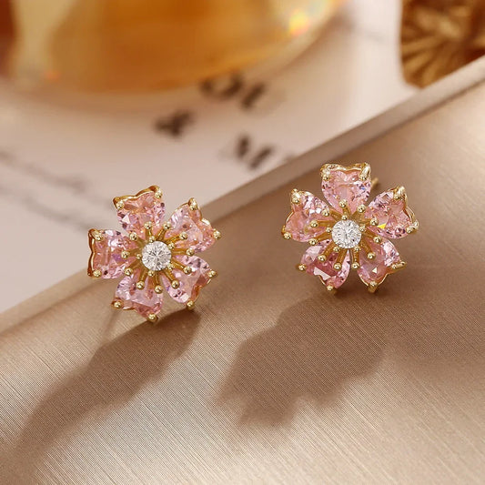 Elegant Pink Zircon Flower Ear