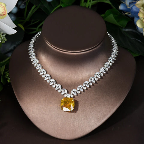 HIBRIDE 2PCS Square Design Women Necklace And Earring Sets Cubic Zirconia Yellow Color Jewelry Sets For Bridal Wedding N-1126