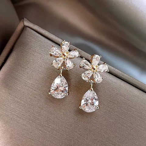 Luxury Fashion Water Drop Zircon Flower Stud Earrings
