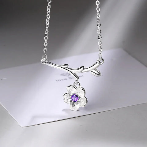 Cute Branches Cherry Flower Pendant Necklaces Shiny Crystal Zirconia Copper Romantic Female Elegant Neck Jewelry Accessories