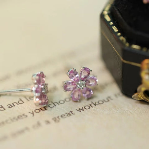 925 Silver Pink Tourmaline Flower Ear Stud Cherry Earrings