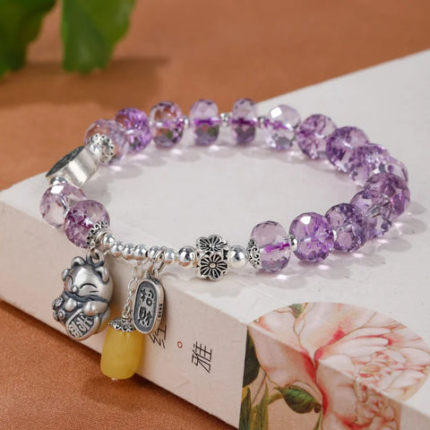 Natural S925 Sterling Silver Cut Amethyst Bead Playing Bracelet