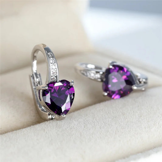 Crystal Purple Stone Hoop Earrings Aqua Blue