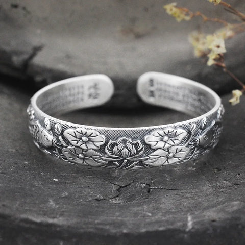 Silver 925 Retro Exquisitely carved Lotus flower bracelet