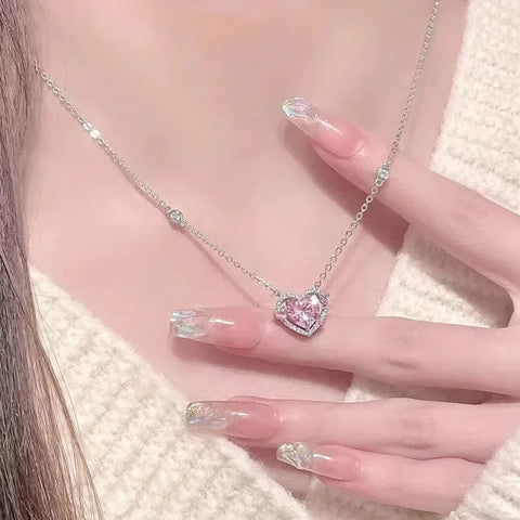Cute Sweet Pink Bow Necklace Ladies Fashion Sparkling Rhinestone Heart Shape Pendant Clavicle Chain Delicate Wedding Accesories