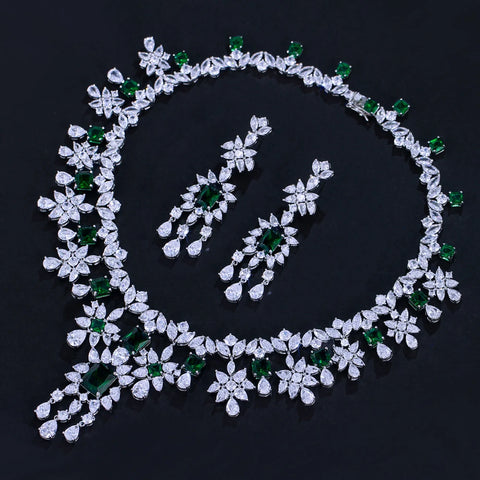 ThreeGraces Luxury Shiny Green Zirconia Long Tassel Drop Earrings Necklace Wedding Bridal Party Jewelry Set for Women T1054