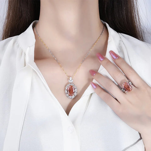Champagne High Carbon Diamond Luxury Designer Jewelry Set For Women 925 Sterling Silver Pendant Necklace Ring Engagement Wedding