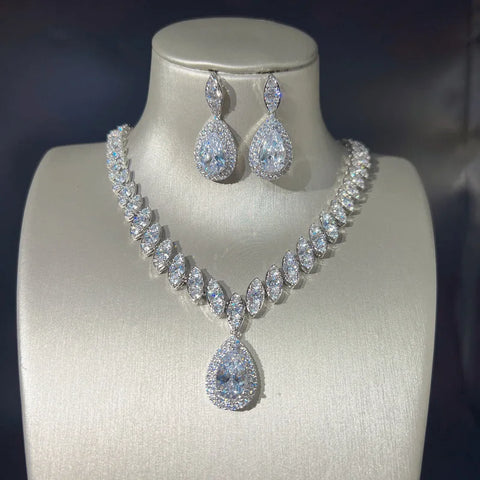 Water Drop Lab Diamond Jewelry set 14K White Gold Engagement Wedding Earrings Necklace For Women Bridal Promise Gift
