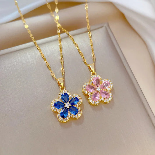 Women's Pink Crystal Cherry Blossom Flower Pendant Necklace (40cm + 5cm) Luxury Jewelry Free Shipping