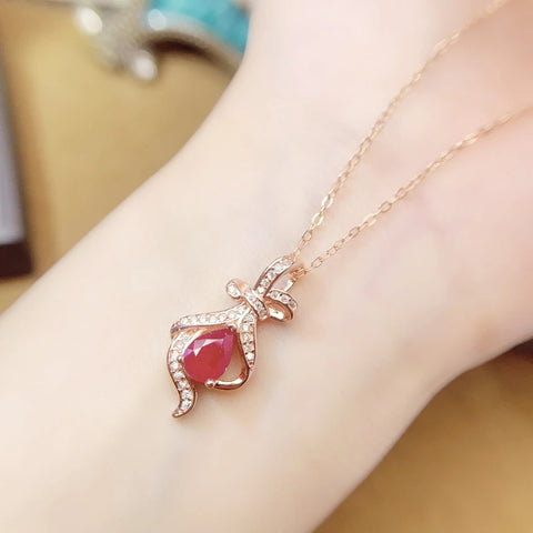 Natural real red ruby necklace pendant Luxury bowknot style 925 sterling silver 5*7mm 0.7ct gemstone Fine jewelry L2584