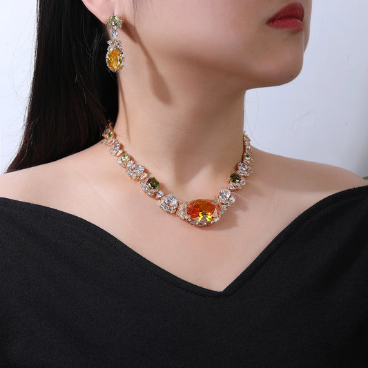 Beautiful Pink, Purple Imitation Agate Stone, Cubic Zirconia Necklace Earrings Set Bridal Wedding Jewelry Gift CN11334