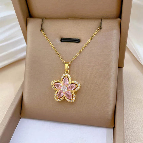 DIEYURO 316L Stainless Steel Pink Rhinestone