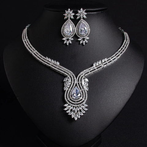 Luxury CZ Necklace 2 Pieces Jewelry for Women Cubic Zircon Africa Dubai Bridal Jewelry Sets Wedding Accessories