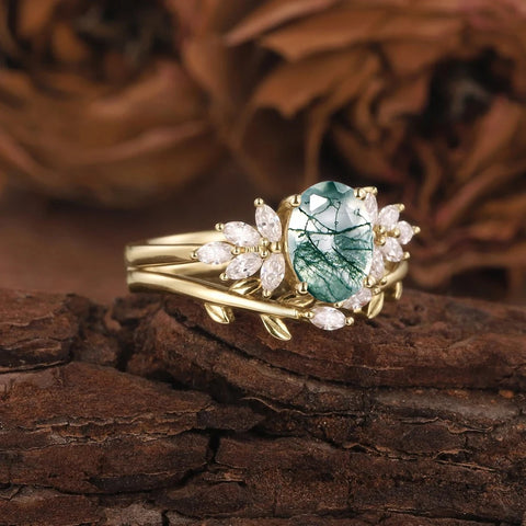 Oval Shaped Natural Moss Agate Engagement Ring