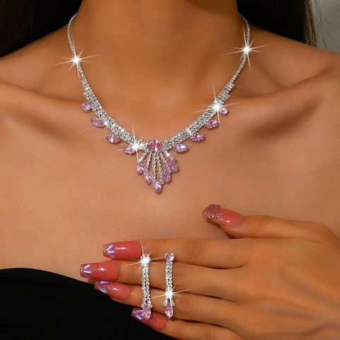 3pcs Elegant and Dignified Colored Water Droplet Gemstone Inlaid Women's Tassel Necklace Earring Set Retro Wedding Dress Jewelry