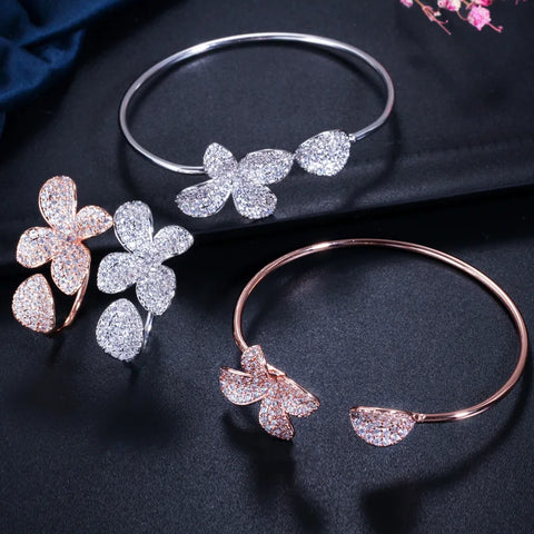 ThreeGraces Shiny Cubic Zirconia Micro Pave Flower Cuff