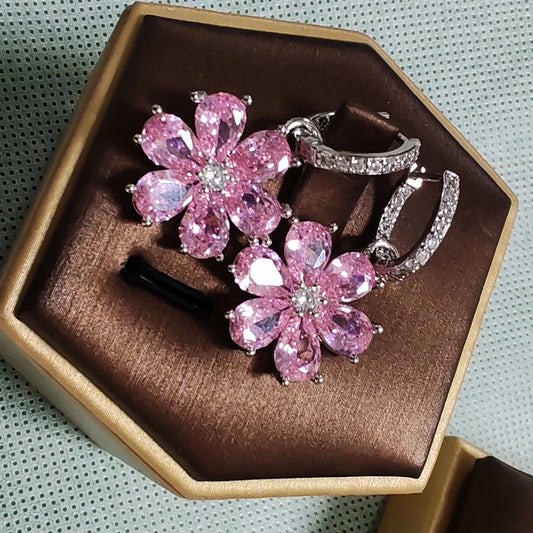 Pink Flower Sparkling Zircon S925 Silver Drop Earrings