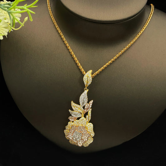 JRH Elegant Floral 2PC Jewellery Woman Set Gold Plated Zircon Flower Pendant Necklace Earrings Party Accessories Free Gift Box