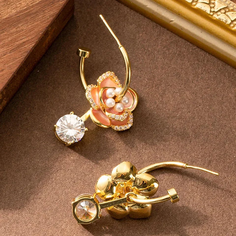 Elegant French Style Pearl Floral Stud Earrings