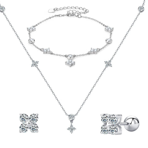 Real Moissanite Pendant Necklace Bracelet Earrings Sets For Women 925 Silver Rose Gold Plated Four Leaf Clover Jewelry Set Gift