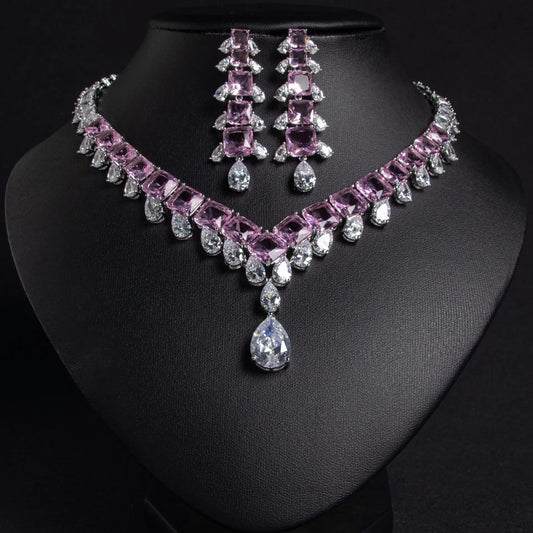 Simple Fashion Zircon Necklace Earring Set for Women Bridal Gown Accessories Jewelry Combo Elegant Minimalist Style