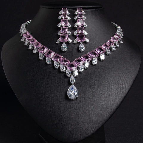 Simple Fashion Zircon Necklace Earring Set for Women Bridal Gown Accessories Jewelry Combo Elegant Minimalist Style
