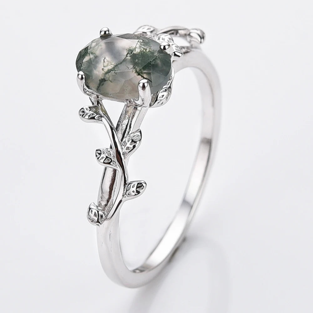 Cocktail Oval Shaped Moss Agate Rings Leaf Branch Ring - BOLEVARD RING