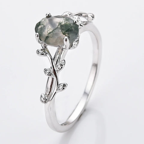 Cocktail Oval Shaped Moss Agate Rings Leaf Branch Ring - BOLEVARD RING