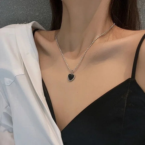 Y2K Pink Crystal Heart Pendant Necklace Women Sweet Cool Girl Punk Clavicle Chain Fashion Aesthetic Necklace Jewelry Gift 2024