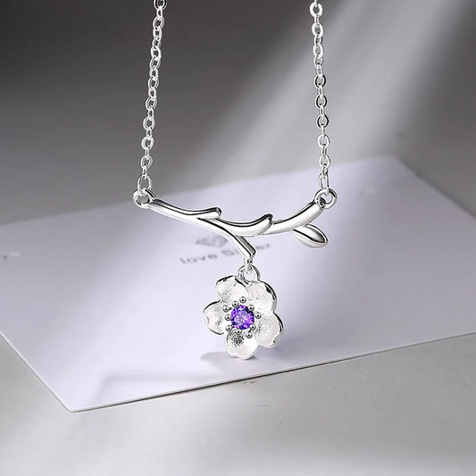 Cute Lovely Branches Cherry Blossoms Pendant Necklaces For Women Shiny Crystal Pink/Purple Zirconia Flower Elegant Neck Jewelry