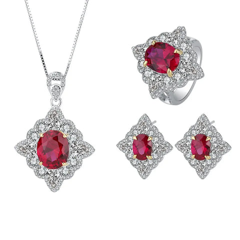 Sparkling Cubic Zirconia Lab Created Ruby Luxury Jewelry Set Silver 925 Real Necklace Engagement Wedding Ring Earrings For Women