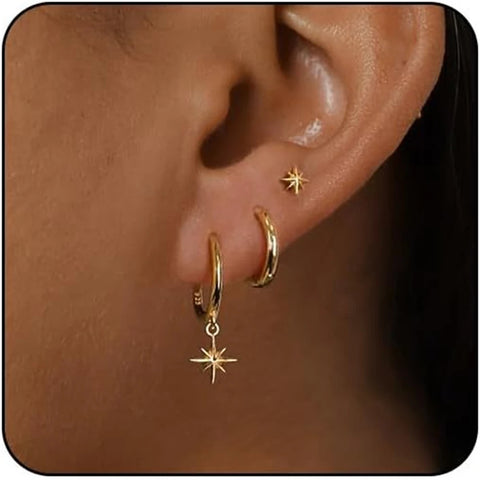 3 Piece Fashion Stainless Steel Round Star Drop Earrings