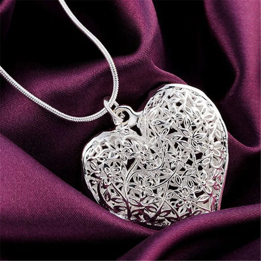 925 Sterling Silver 18-30 Inch Carved Heart Pendant Snake Chain Necklace For Women Fashion Wedding Party Charm Jewelry