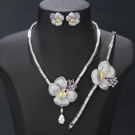 Luxury 3-piece Cubic Zirconia Flower Necklace Earrings Bracelet Set Bridal Wedding Accessories CN11183T