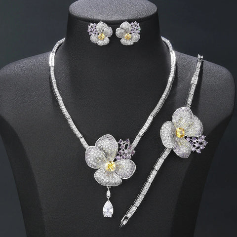 Luxury 3-piece Cubic Zirconia Flower Necklace Earrings Bracelet Set Bridal Wedding Accessories CN11183T