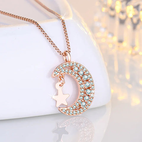 New 925 Sterling Silver Star&Moon Rhinestone Pendant Neckalces Women Fashion Jewelry Constellation Rose Gold Zircon Choker Chain