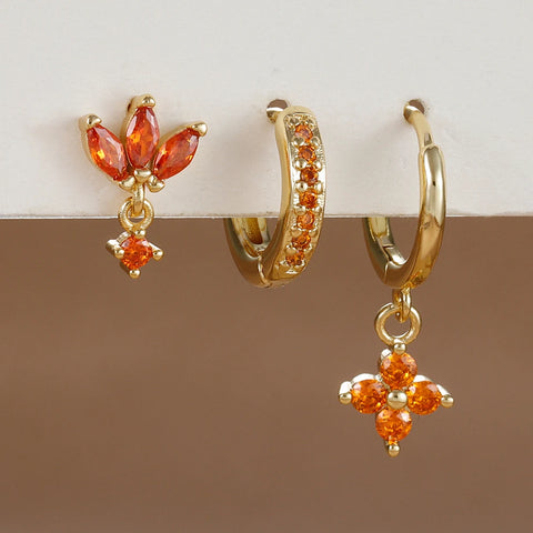 3PCS Fashion Orange Blue Zircon Hanging Earrings