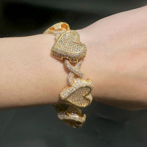 Aokaishen Iced Out Heart Infinity Cuban Link Bracelet