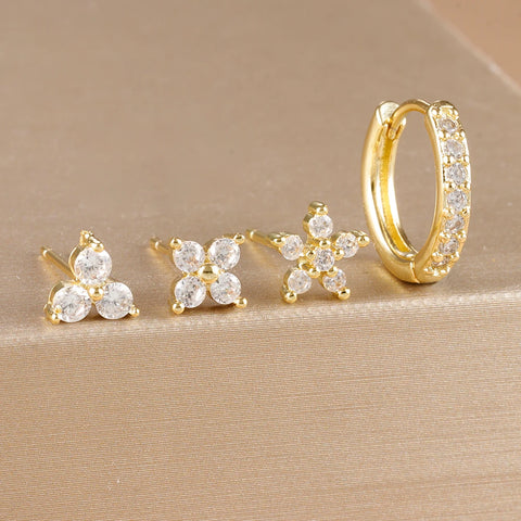 4PCS 18K Gold Plated Flower Round Piercing Earrings