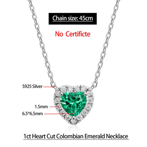 Serenity 1ct Heart Cut Colombian Emerald Necklace for Women 100% S925 Sterling Silver Plated 18K Pendant Necklace Fine Jewelry