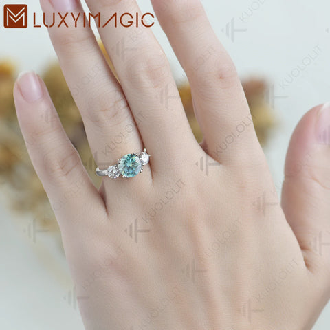 Luxyimagic 2CT Cyan Moissanite and 0.8ct White Moissanite Rings