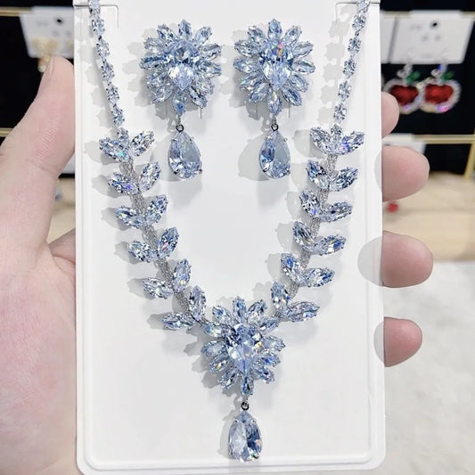 Adjustable Waterdrop Pendant Zirconia Necklace Earrings Women New Silver Color Bridal Wedding Fashion Jewelry Set Party Gifts