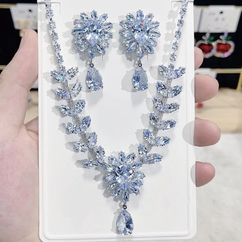 Adjustable Waterdrop Pendant Zirconia Necklace Earrings Women New Silver Color Bridal Wedding Fashion Jewelry Set Party Gifts