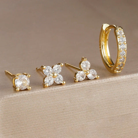 4PCS 18K Gold Plated Flower Round Piercing Earrings