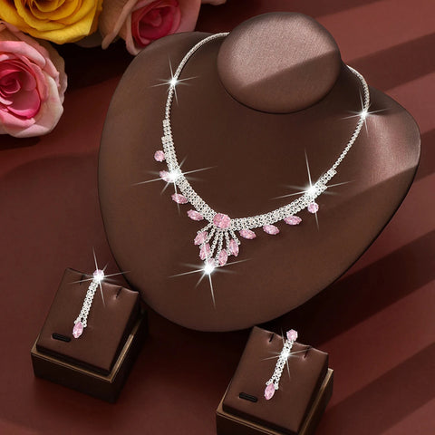 3pcs Elegant and Dignified Colored Water Droplet Gemstone Inlaid Women's Tassel Necklace Earring Set Retro Wedding Dress Jewelry